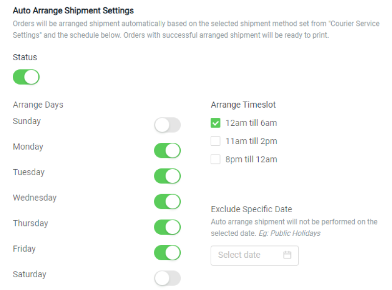 Auto Arrange Shipment Settings