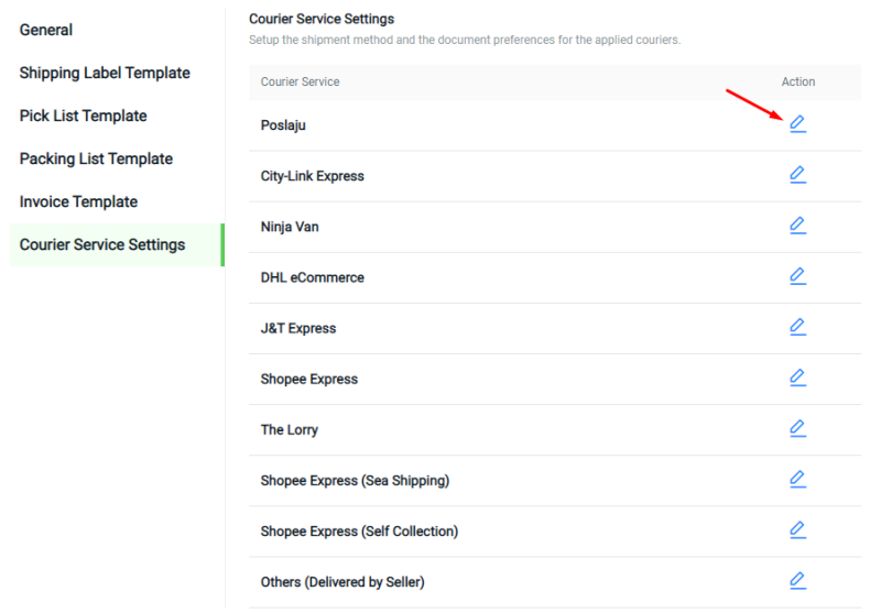 Courier Service Settings