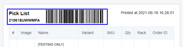 Pick List Barcode Serial Number