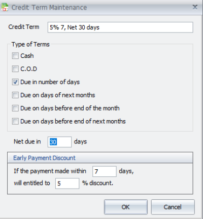 Credit Term 5% 7, Net 30 days